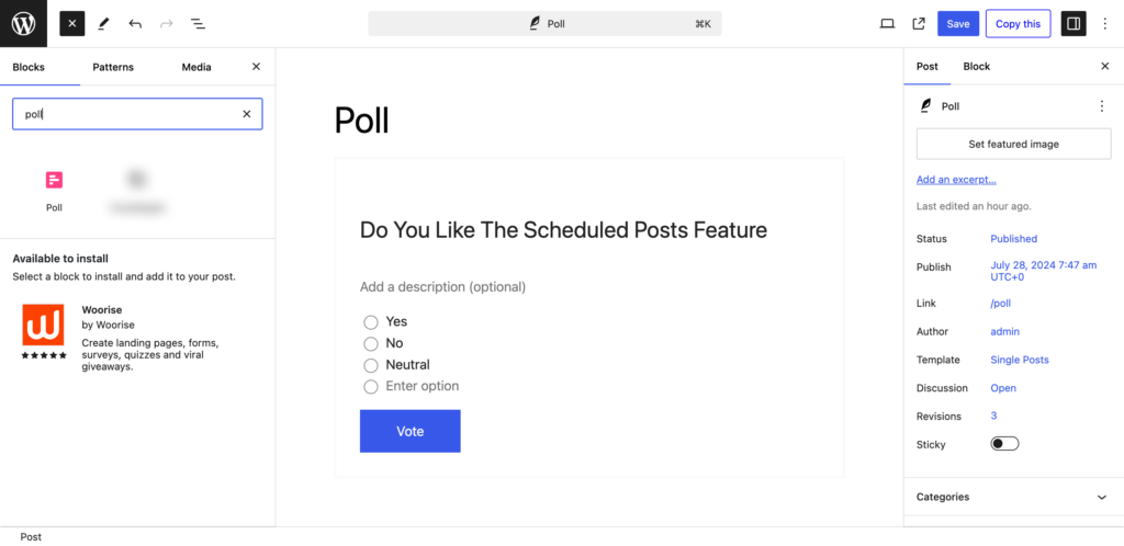 This is a screenshot of choosing  poll block in wordpress post