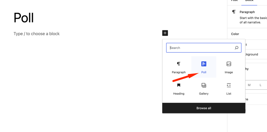 This is a screenshot of choosing poll block in the post