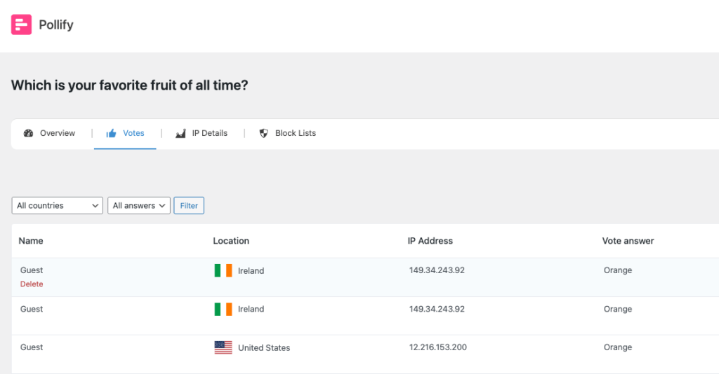 Delete Individual Vote Responses with just one click under voter name- pollify plugin feature