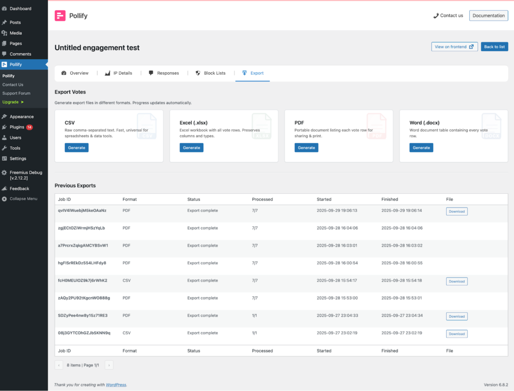 export poll results in WordPress with pollify pro in CSV, Excel, PDF or Word formats.