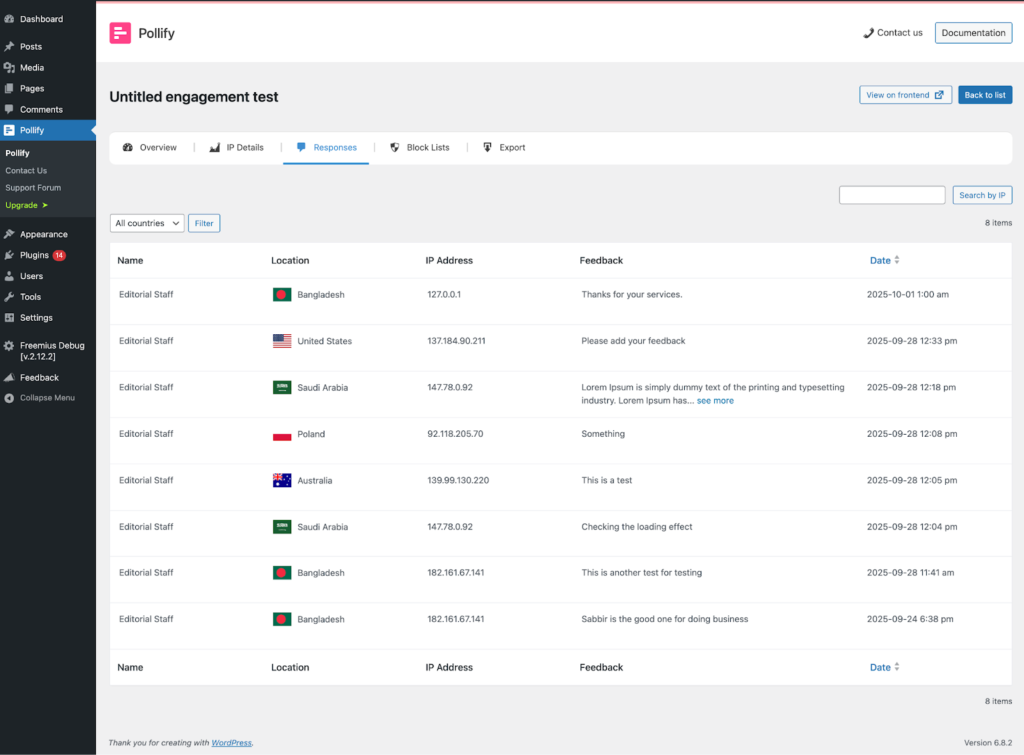 response overview of Pollify Engagement block