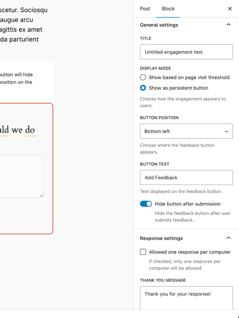 response settings of Pollify Engagement block