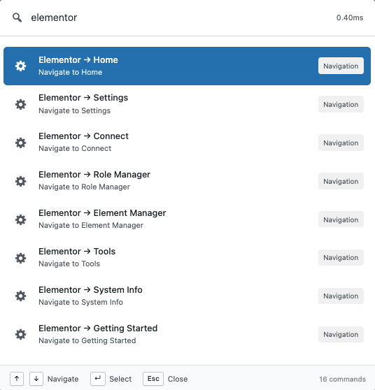 elementor functions on commandify command palette