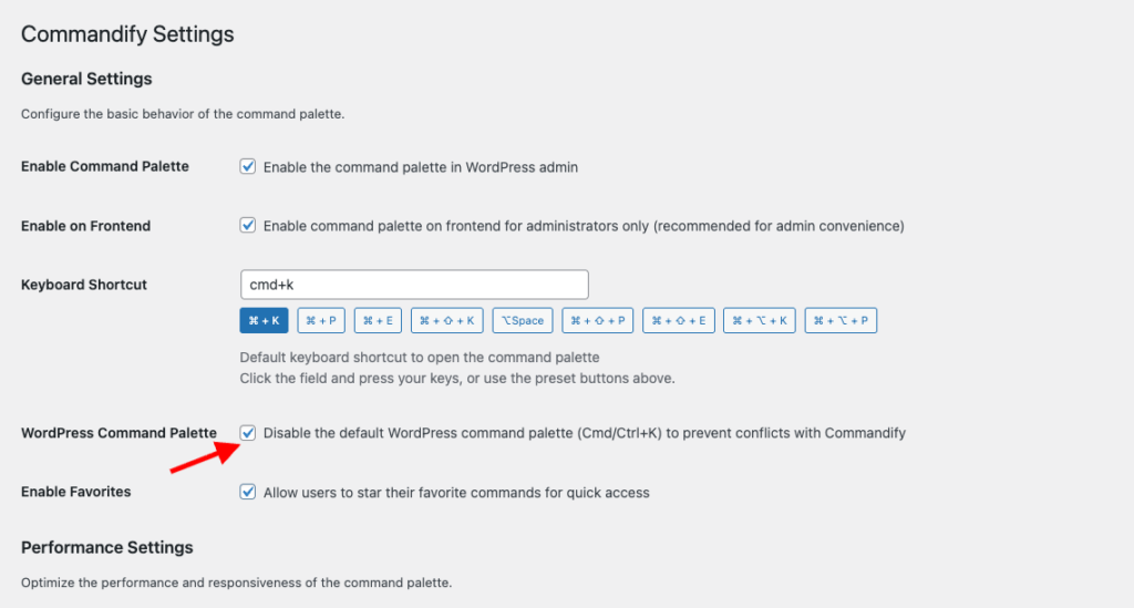 disable default wordpress command palette to avoid conflict with commandify
