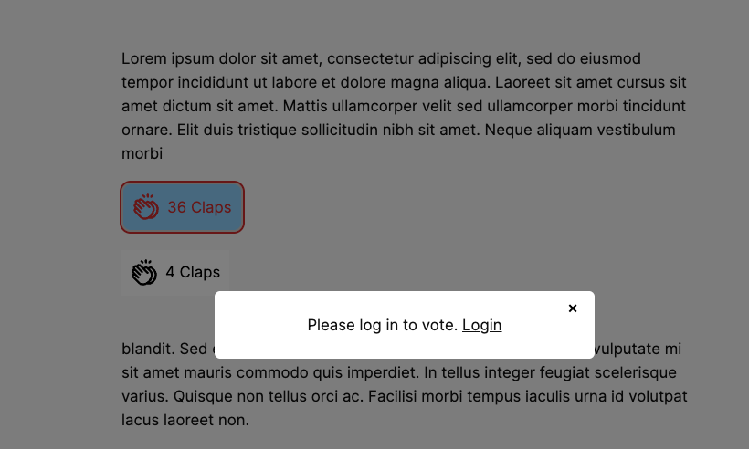 Screenshot of the frontend showing a Kudos block with 36 Claps highlighted in red, and a popup overlay saying Please log in to vote with a Login link and a close button