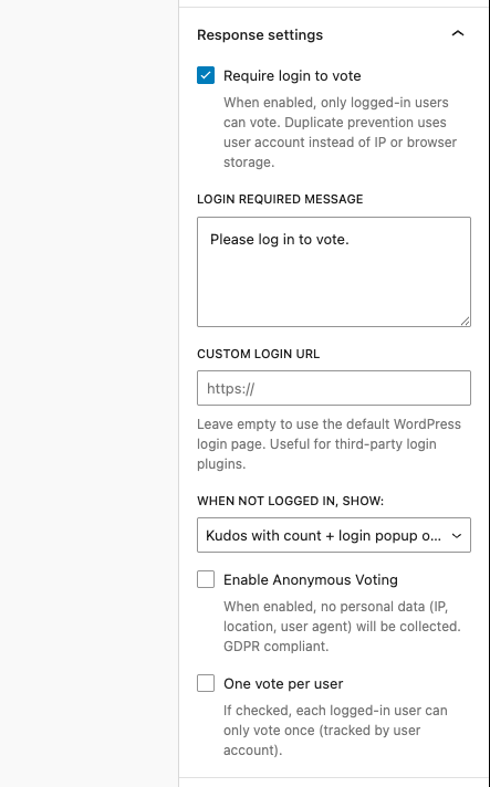 Screenshot of the Response Settings panel in Pollify showing the Require login to vote checkbox enabled, along with Login Required Message field, Custom Login URL field, and the display dropdown for non-logged-in visitors