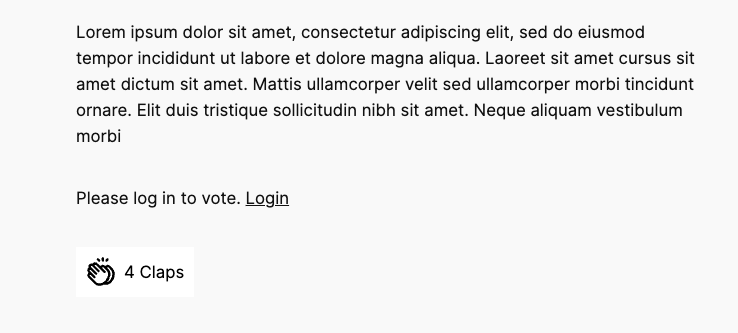 Screenshot of the frontend showing an inline message saying Please log in to vote with a Login link, displayed above a Kudos block showing 4 Claps